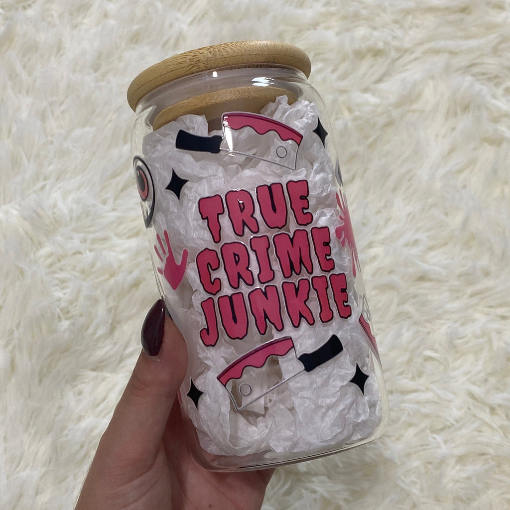 True Crime Junkie Tumbler - Pink Eyeball & Butcher Knife